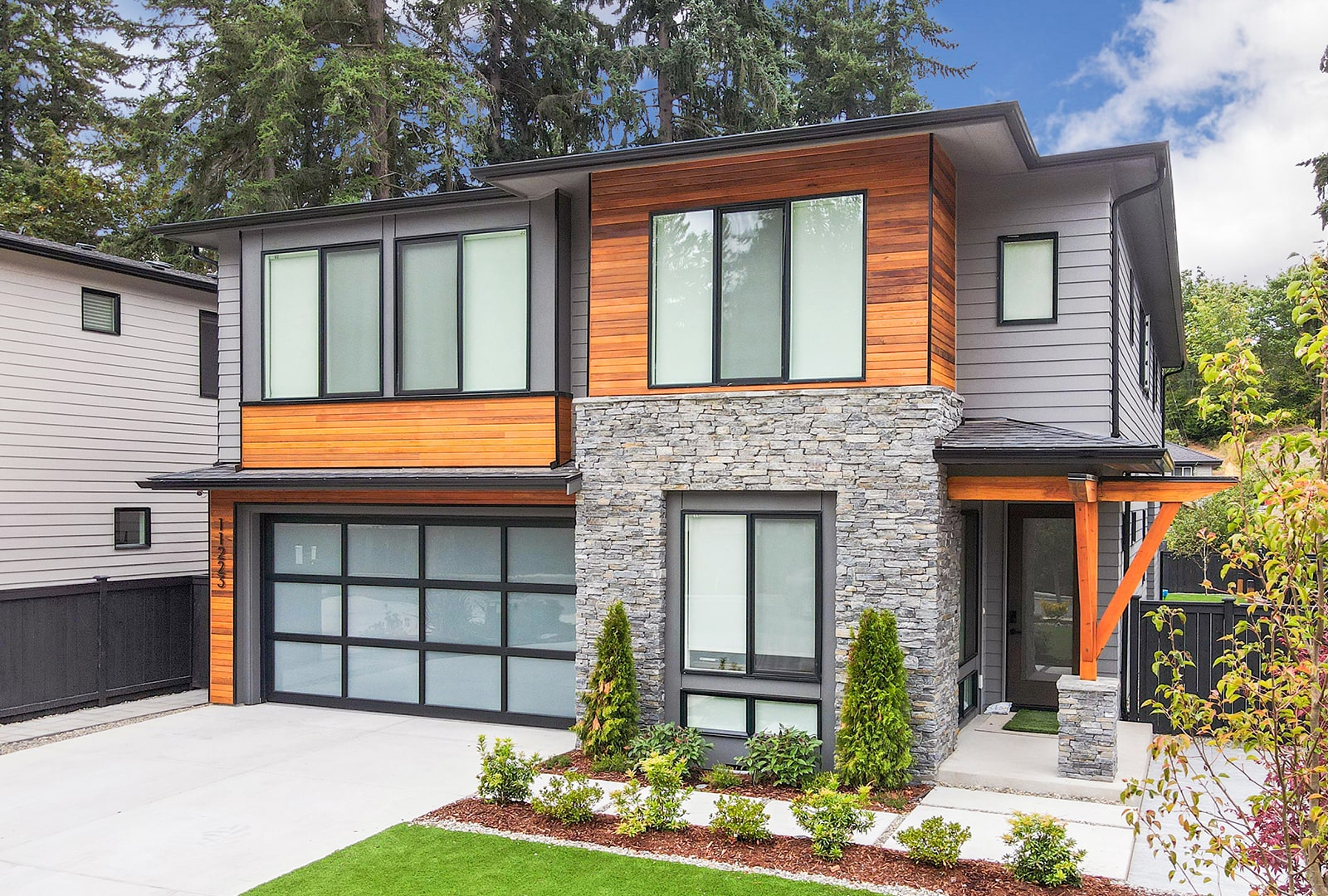 Modern home exterior with mixed siding materials